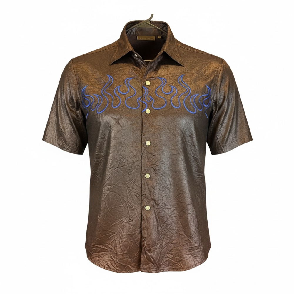 Vintage Johnny Suede Metallic Brown Short Sleeve Button-Up Shirt with Blue Flame